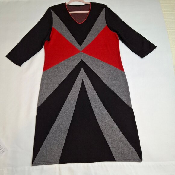 Bold Colorblock Midi Knit Bodycon Sheath Dress Size 2XL ¾ Sleeves Scoop Neck - Picture 2 of 11